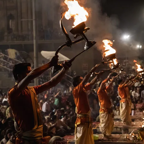 Sunrise boat on River Ganges Ganga Aarti ceremony Varanasi